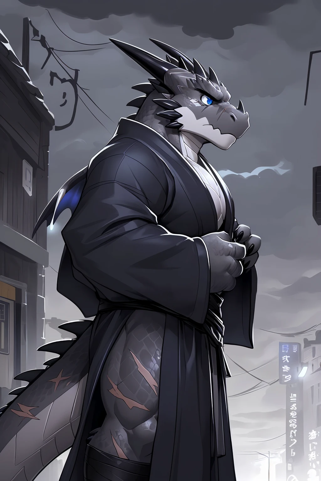 (sfw:1.5), male focus, Handsome 1boy, solitary,protrait photo, (White thick eyebrows:1.3), single, (Dark gray corners, Black horn, Dark gray curved corners:1.4), (深灰色的Dragon Wing, Dragon Wing:1.4), (Black nails, Black claws:1.4), Dark gray skin, (Dark grey tail:1.4), (Perfect blue eyes:1.4), (Dark gray body:1.3), (Beige chest:1.1), Black whites of the eyes, (Dark gray dragon scales, 深灰色的Scales:1.4),
Black Dragon, feet, black dragon, dragon boy, dragon body, (big eyes, large eyes:1.4), Dragon Tail, Dragon Wing, Dragon Horn, Scales, (Chubby, The body is huge, Larger face:1.3),
(Hanfu:1.4) , (Black robe:1.4), (Dark blue texture:1.3), Robe fluttering in the wind, Long sleeve, (Dark blue belt:1.2), (Tang Dynasty Black Cloth Boots:1.4), (Lots of scars, lots of scars, Lots of scars:1.3),
(full body:1.3), (Mature men:1.4), (Strong body, muscle,Strong male, muscle男:1.3), (look up, Standing:1.4), (Looking at the audience, Focus, Eyes gaze:1.2), (arrogant, arrogant, serious, serious, calm, reason, frown:1.4),
full background, street, confusion, Street Lights, (heavily clouded, cloudy day, remote and desolate, Dim environment:1.3),
Mysterious and romantic atmosphere, Caustic lines(refraction, polarization)Perfect anatomical structure, absurd, Detailed background, (Delicate eyes:1.3),Printing style。((artist:Takemoto Arashi))