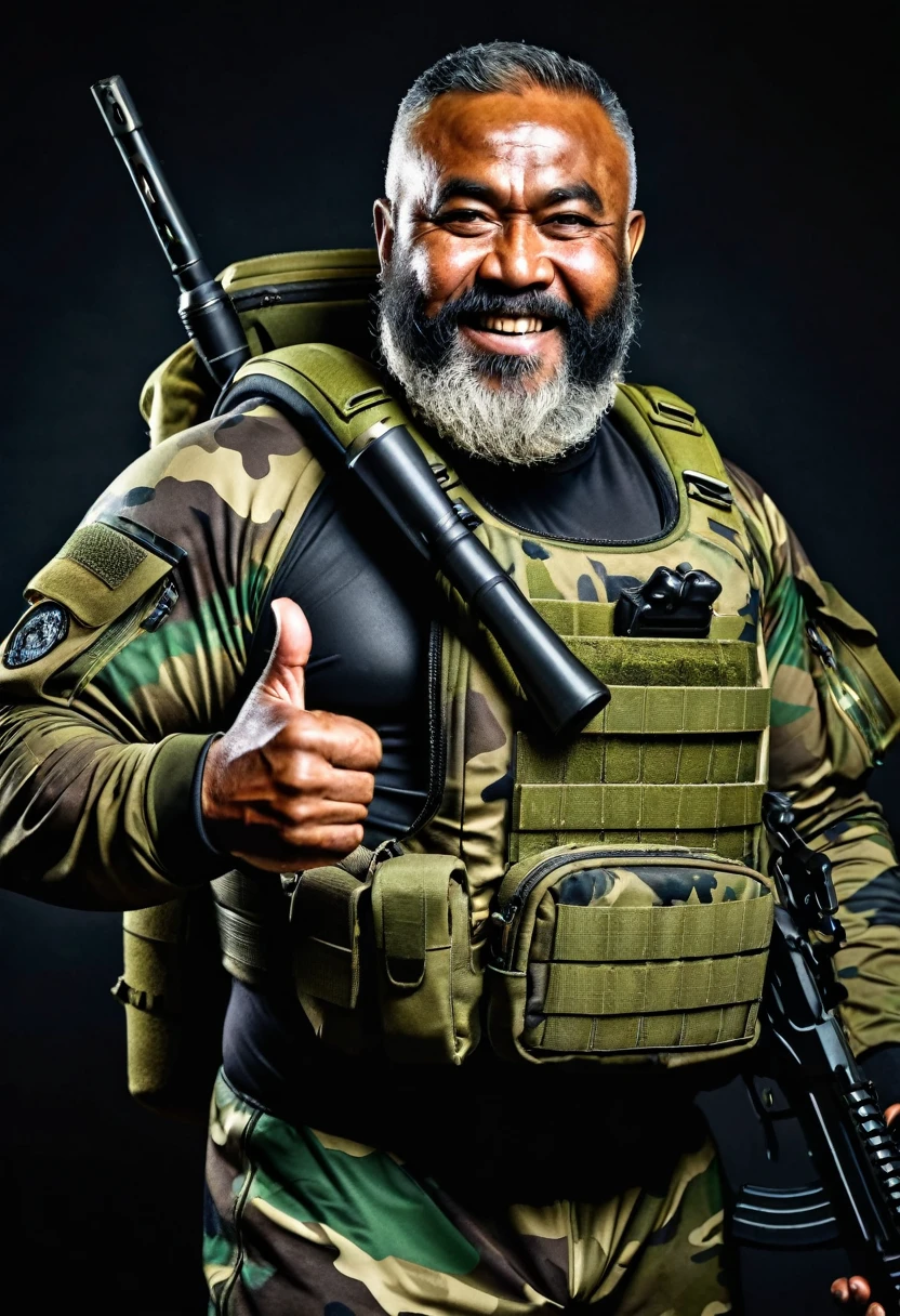 (a dark-skinned fat muscular bearded old man in a bulky army camouflage zipper diver suit) thumbs up, carrying a rifle on his back, muscular, Basuki Abdullah, sumatraism, action, a character portrait, heroic, fierce, snarling
