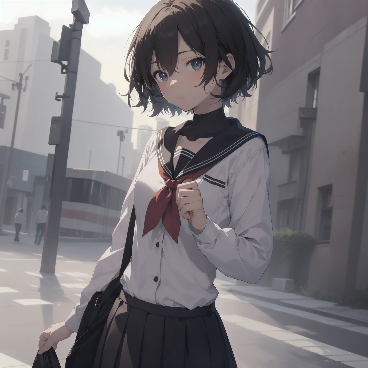 ultra-absurdres-Top quality by artist God, ultra-detailed, high resolution, anime moe artstyle, best anime 8k konachan wallpaper, pixiv contest winner, pool:2810, perfect anatomy,break, 1girl, (Please draw a girl walking sleepily to school alone. )break,(Solo,little female, 13-year-old:1.3),Full limbs, complete fingers,a junior high school student, (very short hair), short cut, flat chest, , small butt, small black eyes, beautiful detailed eyes, well-proportioned iris and pupils, expressive eyes, highres detailed hair, soft expression, salor school_uniform, sailor collar, serahuku, bow, pleated skirt,(Detailed Lighting), (Detailed background), in the School commute route. break,super detailed skin, Best cinematic lighting powered by famous artist, 8k,beauty illustration,photoshop_(medium),very aesthetic,break,((artist:toosaka_asagi )), artist:clamp ,artist:carnelian ,artist:kantoku ,
