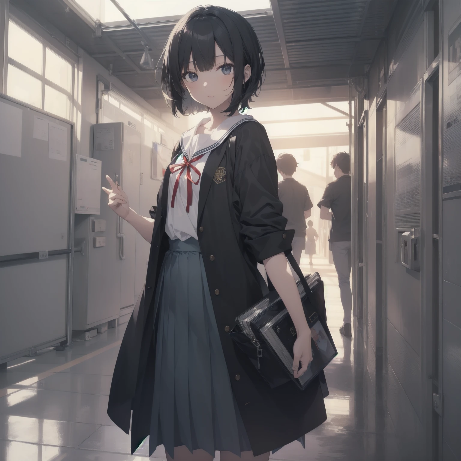 ultra-absurdres-Top quality by artist God, ultra-detailed, high resolution, anime moe artstyle, best anime 8k konachan wallpaper, pixiv contest winner, pool:2810, perfect anatomy,break, 1girl, (Please draw a girl walking sleepily to school alone. )break,(Solo,little female, 13-year-old:1.3),Full limbs, complete fingers,a junior high school student, (very short hair), short cut, flat chest, , small butt, small black eyes, beautiful detailed eyes, well-proportioned iris and pupils, expressive eyes, highres detailed hair, soft expression, salor school_uniform, sailor collar, serahuku, bow, pleated skirt,(Detailed Lighting), (Detailed background), in the School commute route. break,super detailed skin, Best cinematic lighting powered by famous artist, 8k,beauty illustration,photoshop_(medium),very aesthetic,break,((artist:toosaka_asagi )), artist:clamp ,artist:carnelian ,artist:kantoku ,