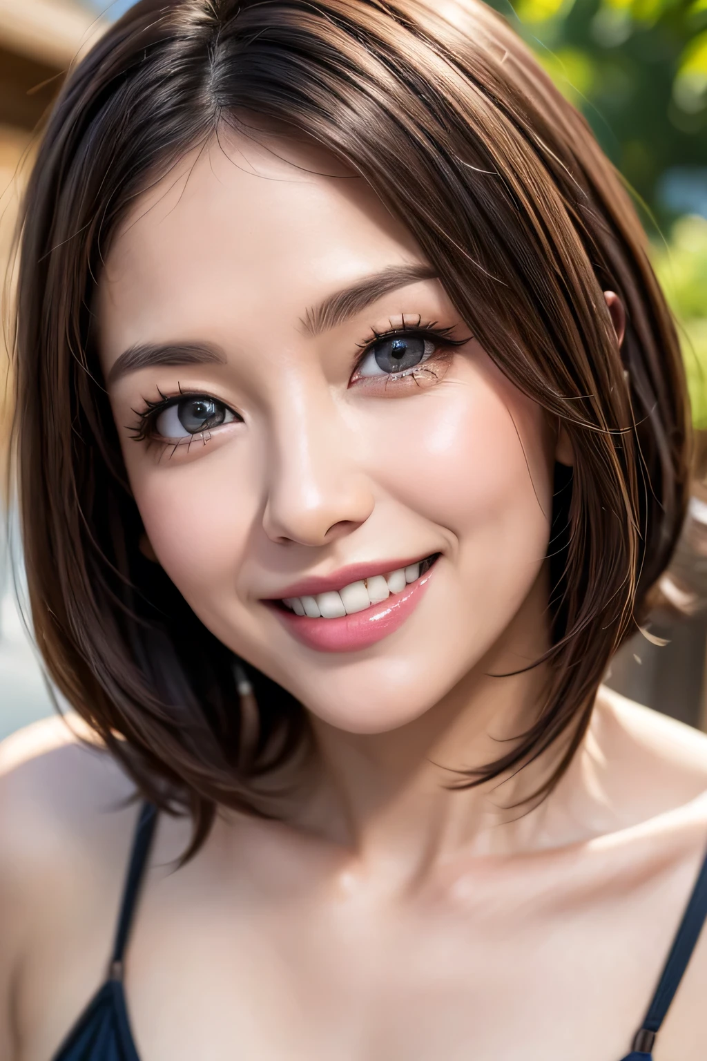 ((masterpiece)), ((Highest quality)), ((Complex)), (Realistic), (Very detailed), (1 female), Middle age, Beautiful and detailed, (Beautiful Teeth), double eyelid, eyelash, Grin, Brunette Bob Hair, Brown eyes, (bikini), (background: none), backgroundぼかし, Perfect Eyes, Captivating eyes, Looking at the audience, from before