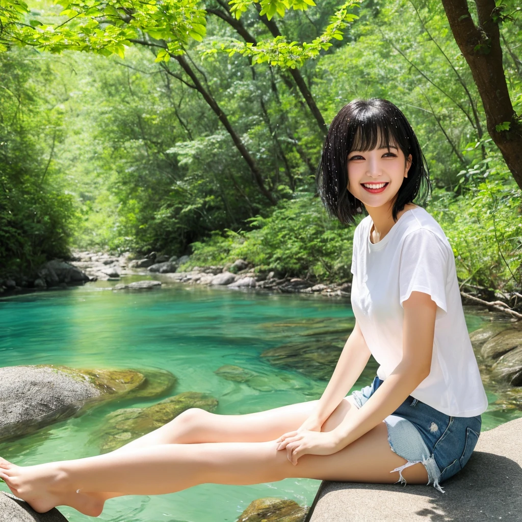 summer.She is sitting on her feet in the river.High definition, high quality, 8K Ultra HD,sharp focus,full-body Portrait of a beautiful Japanese girl Playing in the Water in a Clear Stream Deep in the Mountains photographed by a famous photographer,She smiles at the clear stream with only the tip of her foot,Short black hair with bangs,She is standing.She is wearing a white T-shirt and short jeans.The trees in the background are very beautiful with greenery, splashes, and sunlight leaking from the trees.She is laughing merrily.her eyes are brown and large with drooping eyes and long eyelashes,She's very attractive fashionable,