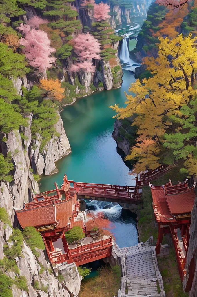 画面中间有一座小桥a view of a river running through a canyon surrounded by trees, Unbelievably beautiful, baotou china, Beautiful nature, ( Visually stunning, qiangshu, Beautiful images, The above points, Waterfalls and lakes, canyon, Very extremely beautiful, Stunning sight, scenery is beautiful, Xianxia, By An Zhengwen, very scenery is beautiful, 山中canyon