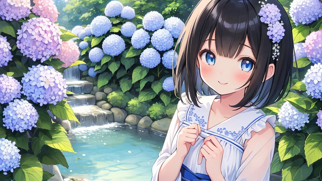 ((Masterpiece)), ((top quality)), very detailed, animated style illustration, Japanese style garden, 1girl, cute girl, solo, upper body, upper body focus, in the middle, white sundress, (beautiful eyes), beautiful black hair, short hair, flower hair ornament, blue eyes, slim, slender, (smile:1.2), (Hydrangea in background:1.2), A soft and gentle anime illustration with pastel colors, featuring a -yeld giwith short black hair adorned with a small flower hair ornament and blue eyes. The artwork should have a fluffy and delicate style, capturing the youth and innocence of the girl. The pastel color scheme adds to the gentle and serene atmosphere of the illustration, emphasizing the girl's youthful and innocent appearance.