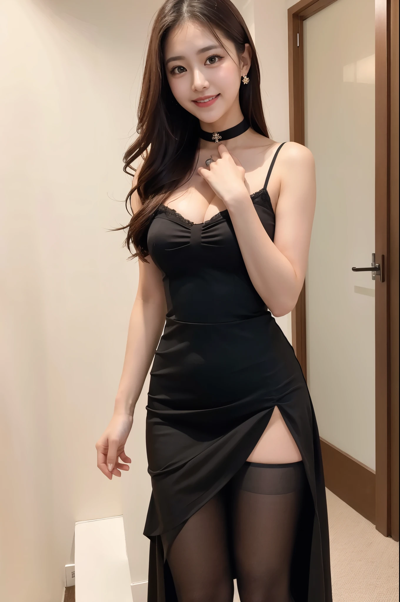 ulzzang-6500-v1.1,(RAW Photos:1.2), (Realistic), Beautiful detailed girl, (Genuine: 1.4), Very detailedな目と顔, Beautiful attention to detail, (majestic style, sophisticated and elegant, holy and mysterious:1.2),(wearing ball gown dress:1.2), (Ultra-realistic pantyhose:1.3, Black Choker)、 (A very loving smile:1.2)、Huge file sizes, High resolution, Very detailed, Highest quality, [masterpiece:1.6], An illustration, Very detailed, Ticker, Fine details, Highest quality, 8k wallpaper, Cinema Lighting, 1 Girl, 17 years old, Perfect figure, Cute droopy eyes、Beautiful big eyes、 ((masterpiece)), Highest quality, 1 Girl, eye shadow, Upper body, Portraits, ((Full Body Shot:1.4))、