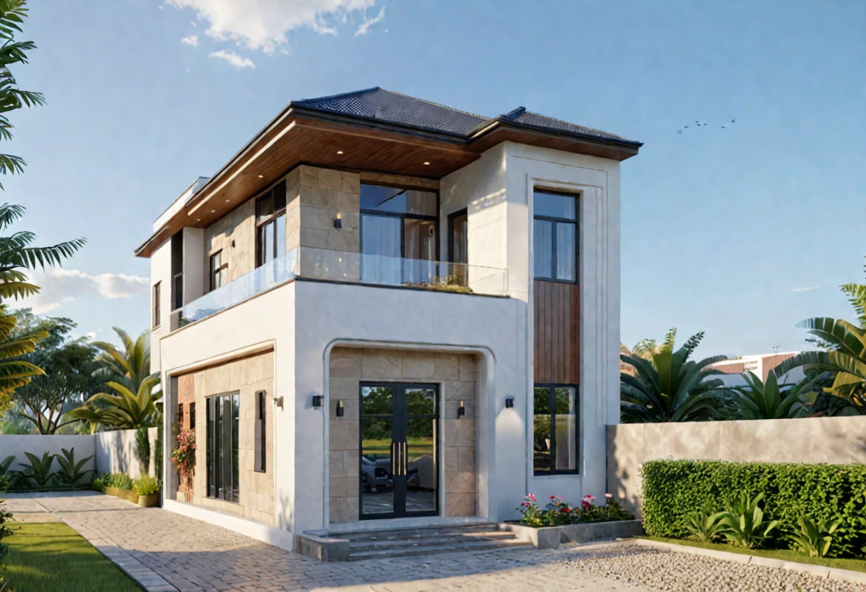 (masterpiece),(high quality), best quality, real,(realistic), super detailed, (full detail),(4k),8k,modern house exterior design,Modern architecture,Sandstone,whitewall,Beautiful_sky,Day light, no_humans, outdoors,sky,tree,Garden flower front of building,
