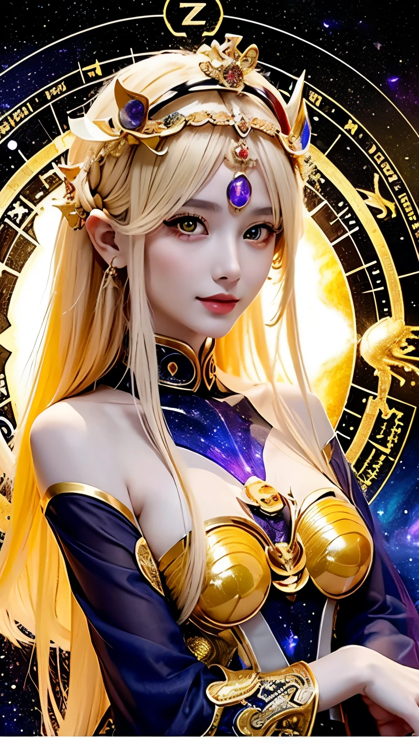 A futuristic goddess of the 12 zodiacs, adorned in a yellow thin robe with intricate black lace details. With glowing pink and purple zodiac symbols, she exudes a mysterious aura. Her long, light blonde hair frames her detailed, beautiful face. She wears a zodiac crown and has mesmerizing, transparent yellow eyes. The background features a celestial landscape with zodiac constellations.