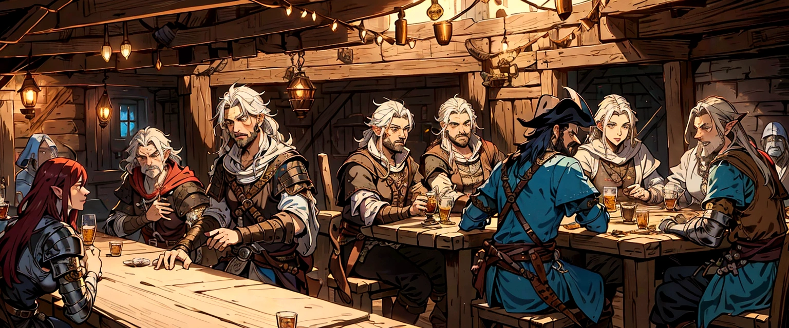 arafed image of a group of people sitting around a table, pirates in a tavern, roleplaying game art, inside a tavern, by Aleksander Gine, a multidimensional cozy tavern, lawther sit at table playing dnd, cultists watching, tavern background, rpg scene, dnd , medieval d&d mood, rpg illustration, in the pub