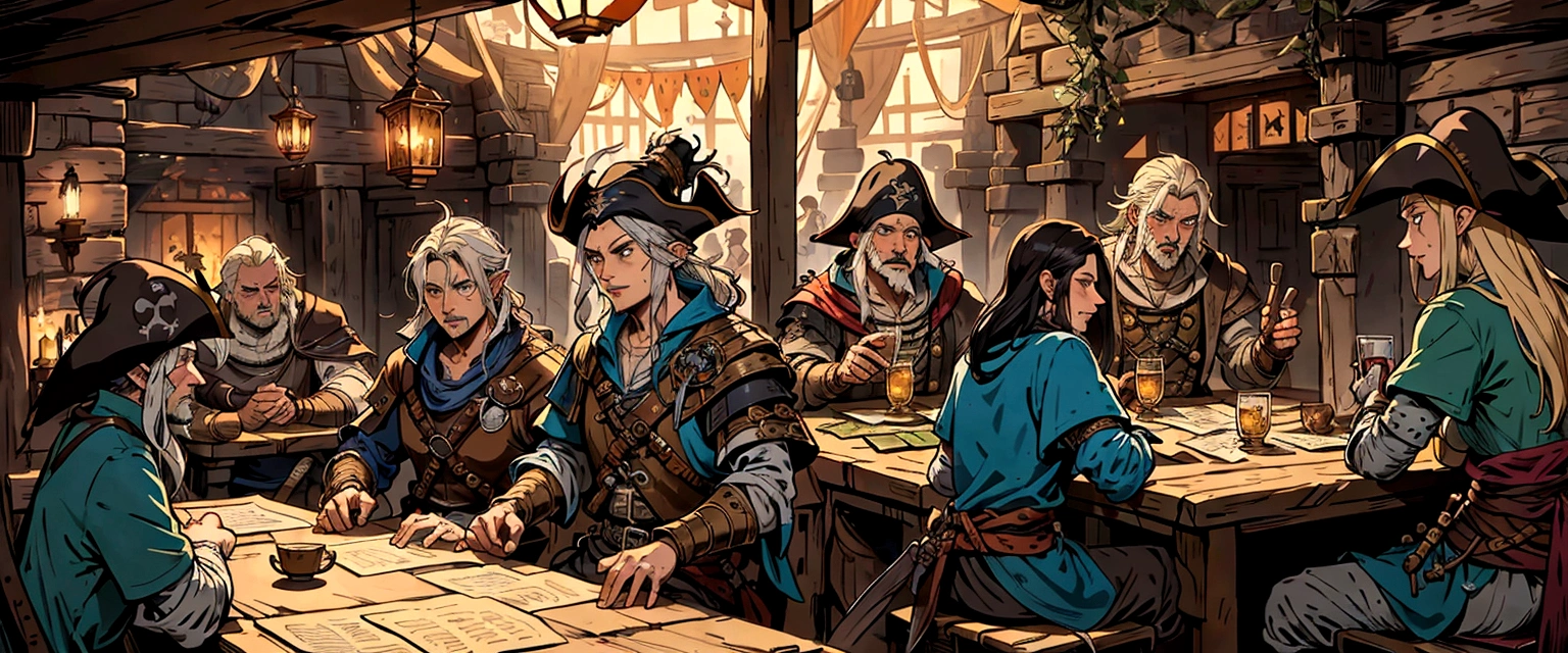 arafed image of a group of people sitting around a table, pirates in a tavern, roleplaying game art, inside a tavern, by Aleksander Gine, a multidimensional cozy tavern, lawther sit at table playing dnd, cultists watching, tavern background, rpg scene, dnd , medieval d&d mood, rpg illustration, in the pub