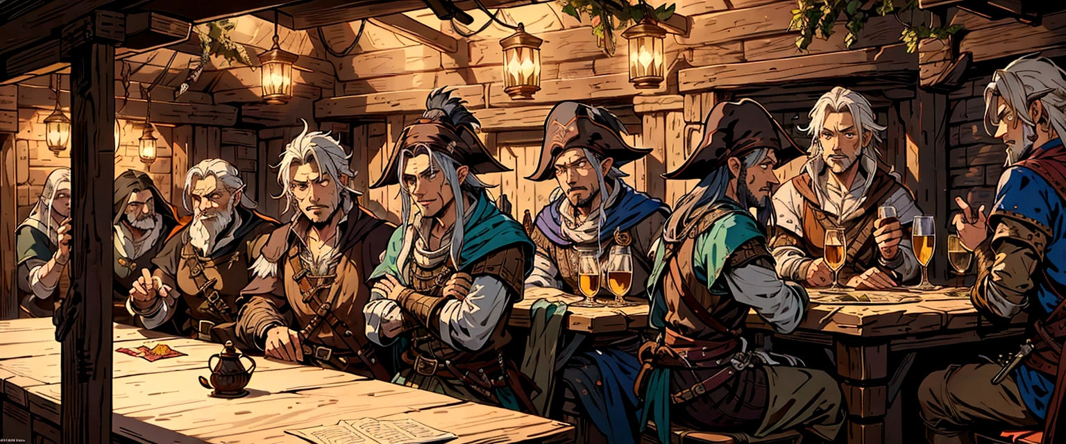 arafed image of a group of people sitting around a table, pirates in a tavern, roleplaying game art, inside a tavern, by Aleksander Gine, a multidimensional cozy tavern, lawther sit at table playing dnd, cultists watching, tavern background, rpg scene, dnd , medieval d&d mood, rpg illustration, in the pub