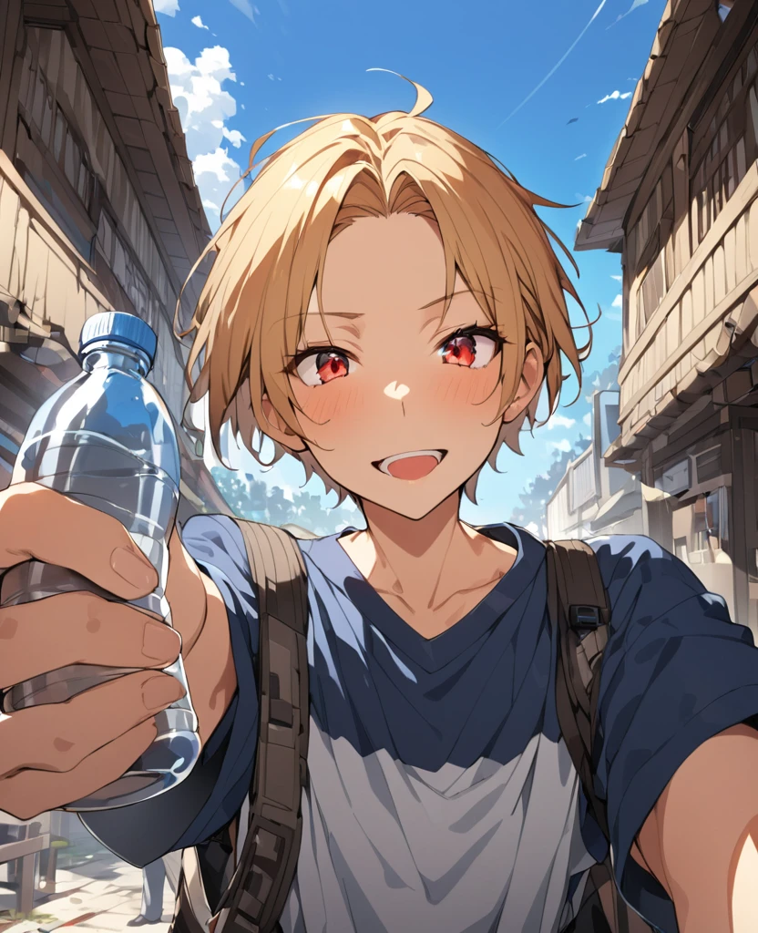 One Man、Golden Hair、Hairstyle、Shortcuts、口の近くのRed eyes玉、whole body、Japanese high 、Holding a plastic bottle in your right hand、blue sky, Hair behind the ear, Parted bangs, short hair, tsurime, Red eyes, A light smile, Open your mouth, First Person View, Ultra-high resolution, Very detailed