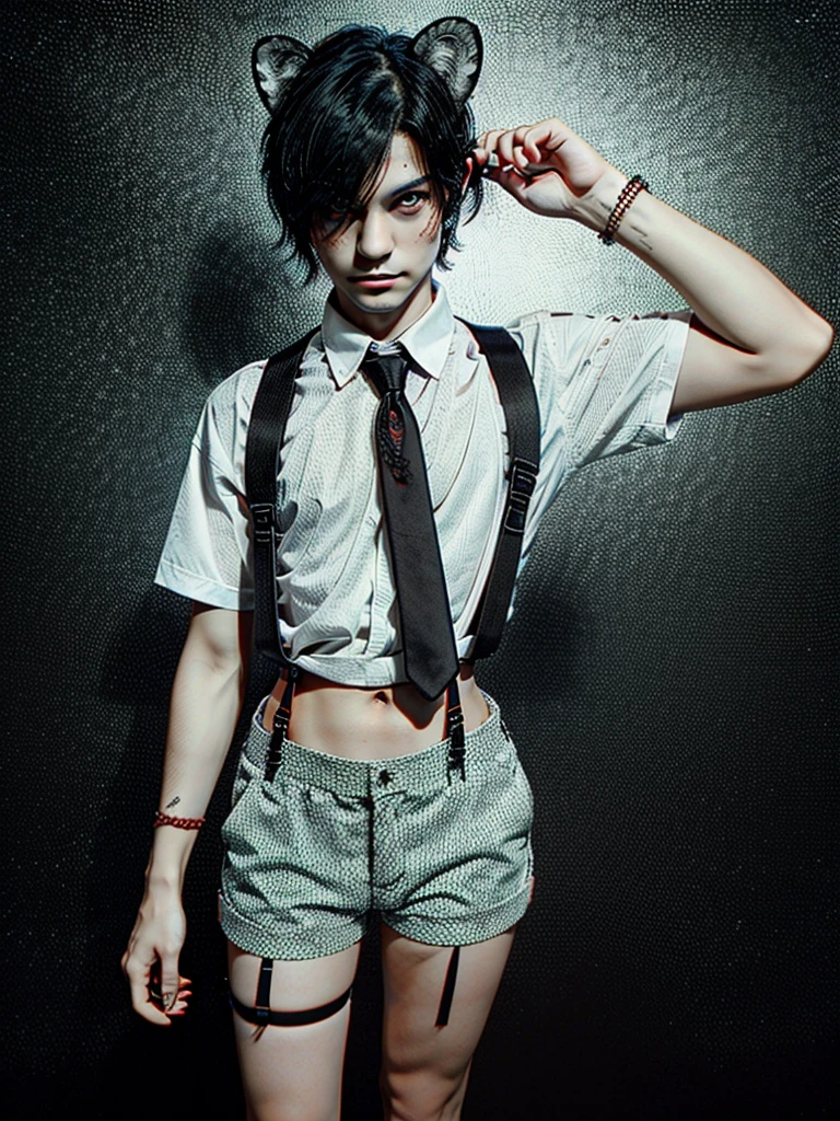 boy short messy black hair and red eyes,leopard ears and tail,white shirt with suspenders and short black shorts with long tie,wild and almost evil look