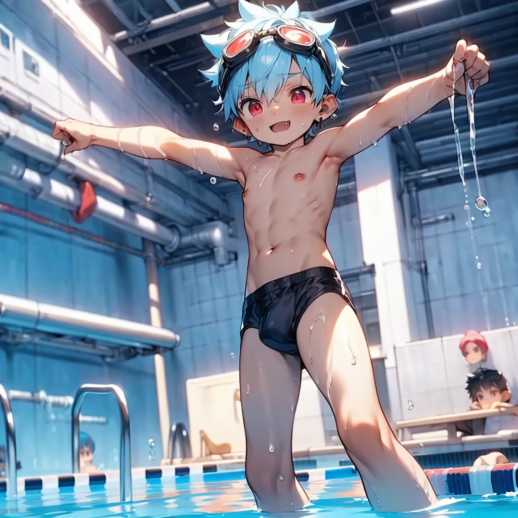 (solo:2), (boldline:-1.7), (dynamic), (raising arms:1.3), (arched back:1.1), ((bubble)), (standing:1.5), (spread legs:1.2), (((fang))), (((best finger))), BREAK (best quality:1.5), (absolutely resolution:1.5), (ultra detailed:1.5), (masterpiece:1.5), (perfect face), (detailed face), (detailed eyes), (best eyes), (cute face), (shota:2.2), BREAK (topless:1.5), BREAK (white speedos:1.5), (swimming goggles on head:1.3), (see throgh wet clothes:1.4), (bulge:1.6), (skinny:1.3), (spiked hair), BREAK (light blue hair:1.5), (wine red eyes:1.4), (eyes with highlight:1.6), ((mole under eye)), (sweaty skin), (chuckling:1.5), ((earrings)), (shiny skin:1.3), BREAK (stadium), (pool:1.5), (sunlight), ((wind blowing)), (((nipple))), ((abs)), (groin), water splashing, from below,