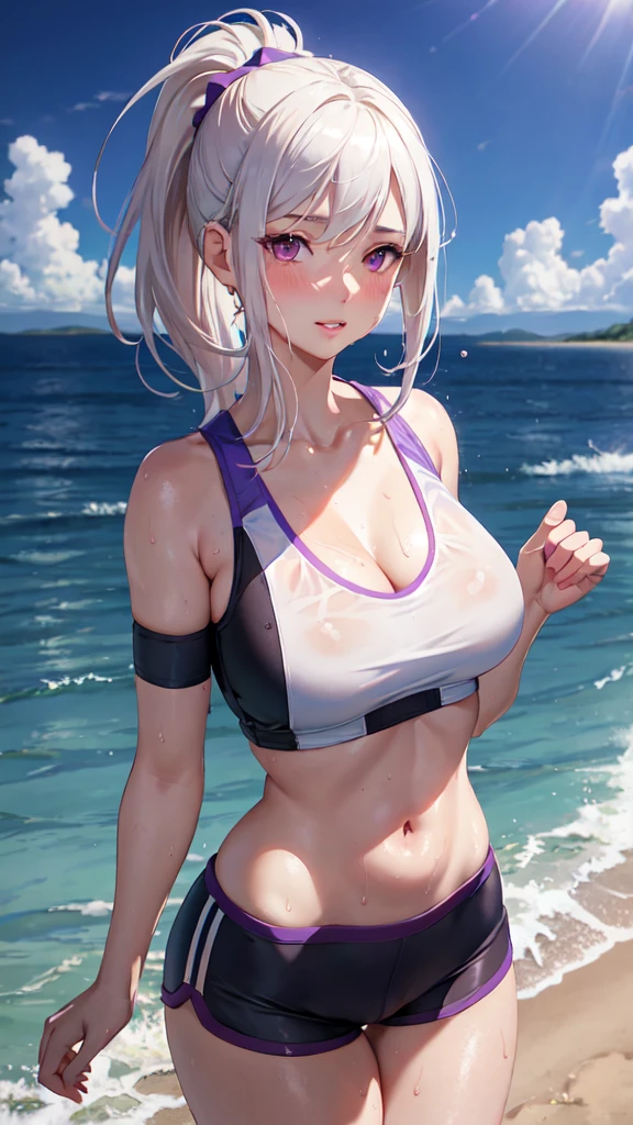 realistic, 1girl, ponytail, parted lips, blush, makeup, light smile, white hair, sportswear, hot pants, wet clothes, glow, thighs, purple eye, bare shoulders, collarbone, narrow waist, sunbeam, sunlight, rose, wind, cleavage, (masterpiece), sweat,