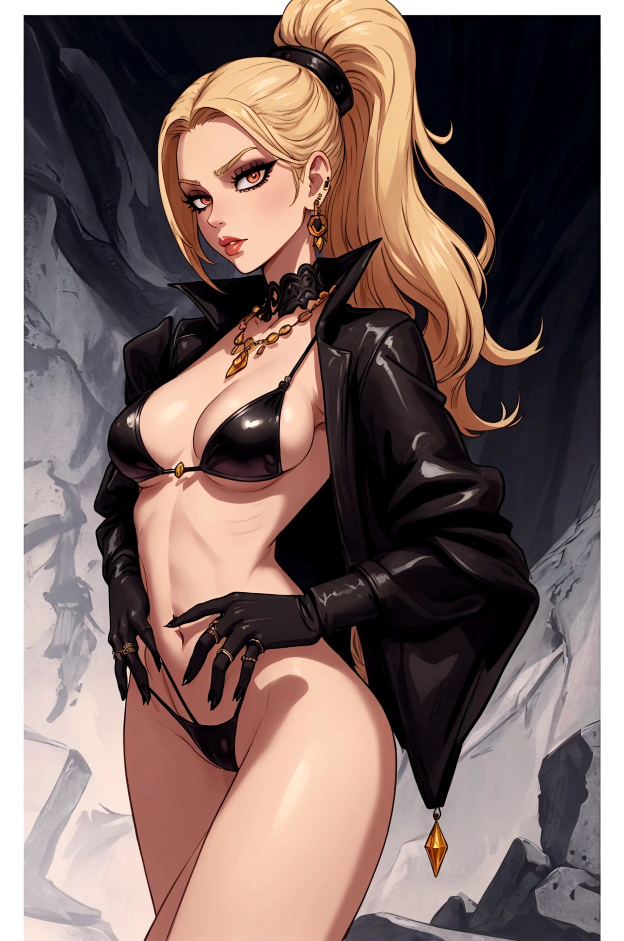 Very tall, slim milf; demon queen; blonde hairs and incredible long ponytail; strong goth makeup; brown eyes; small firm,pointy breast; sensual midriff; wearing jewelery, necklace, earrings, transparent black bikini top, short leather jacket, visible fancy thong strings; gloves, highplatform clogs,rings, palace, best quality, expressive eyes, perfect face, masterpiece, slim body, very long legs, detailed stomach, detailed hips, detailed legs, carefully drawn toes, carefully drawn feet, carefully drawn hands, best quality, drawn with careful, Dynamic Angle, Highly detailed, seductive eyes