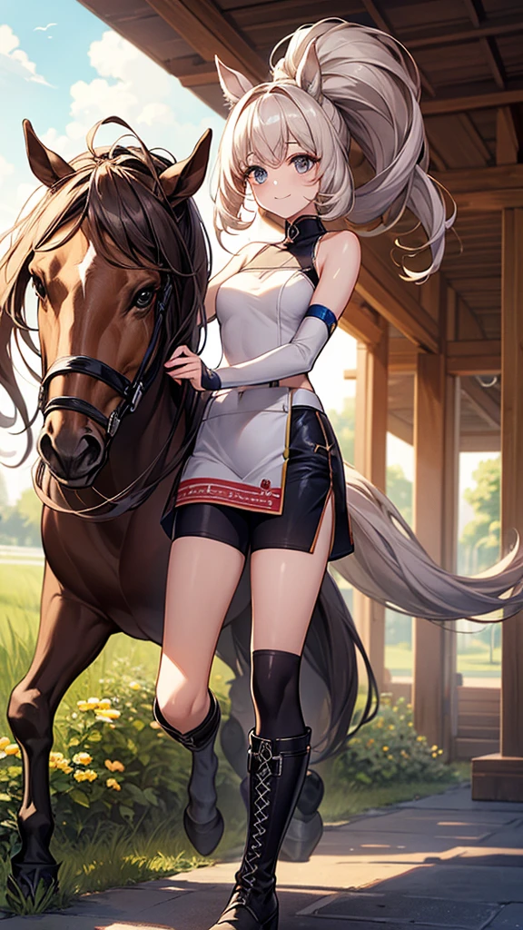 nsfw, masterpiece, 1 girl, erect nipples, nipples, high angle, intricately detailed, topless, penthouse, swimming pool, rooftop, skyscraper, night, neon lights, crossing, crowd, navel, necklace, holding smartphone, beautiful face, denim shorts, smiling, extremely detailed, photorealistic, octane render, 8 k, unreal engine. horse ears, horse tail, bare breasts, bare stomach, sweaty, people on background, heavy breathing, detailed, cowboy shot, tongue out, winking, small breasts, large nipples, black belt