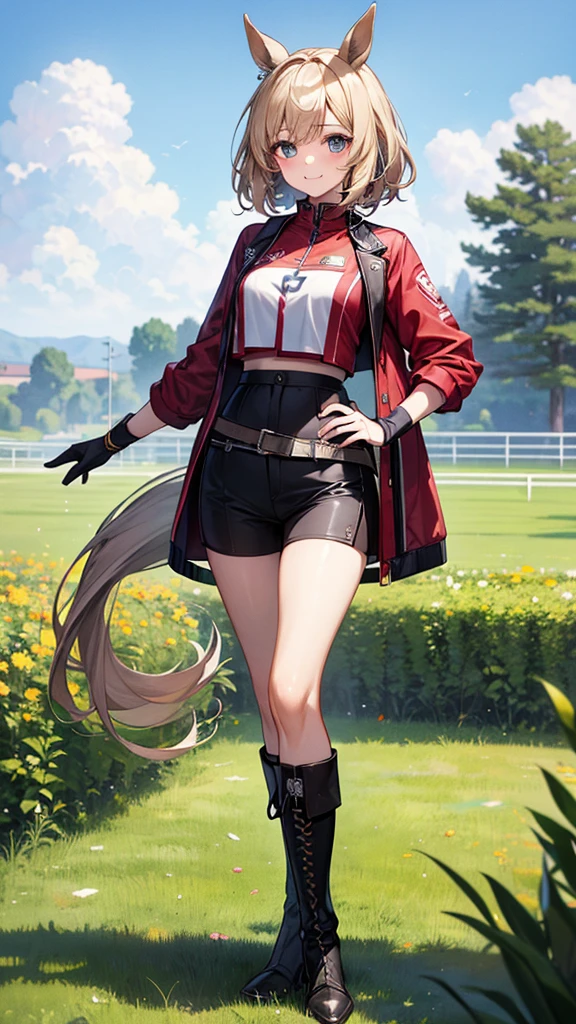 ((最high quality, 8K, masterpiece)), High resolution、(high quality: 1.5)、Very detailed、Detailed face、Bright colors、Natural light、Fine grain、Colorful eyes、Beautiful Face、非常にDetailed faceのテクスチャの女性,masterpiece, 最high quality, Detailed and beautiful eyes,最high quality、Best image quality、masterpiece、Mr.々Hairstyle,Just beautiful,mature female,独奏,smile,smile,(Fictional Horse Girl),(Fictional Horse Girlのデザイン),New Uma Musume design,skirt,Shorts,boots,accessories,Competition clothes,Horse ears,Horse tail,Posing,Supra-knee composition,field,truck,masterpiece,最high quality、so beautiful、High resolution,((Glamorous Body)))(masterpiece:1.2)、(最high quality:1.2)、Latest Glossy Skin