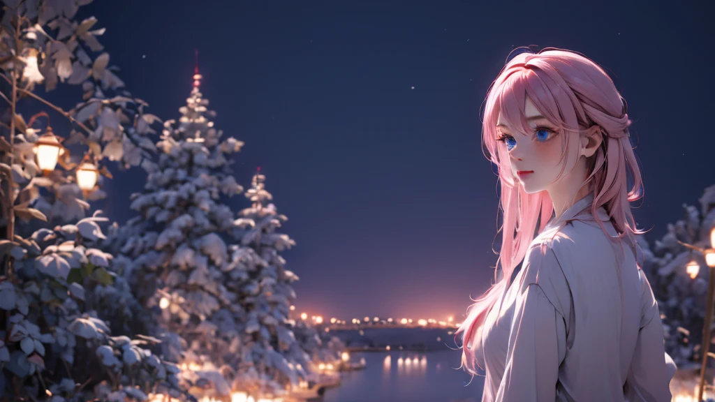 1 Girl , medium light Pink hair, light blue eyes, wearing black suit 4D, night town , 18+ , high res, ultrasharp, 8K, masterpiece, looking from behind