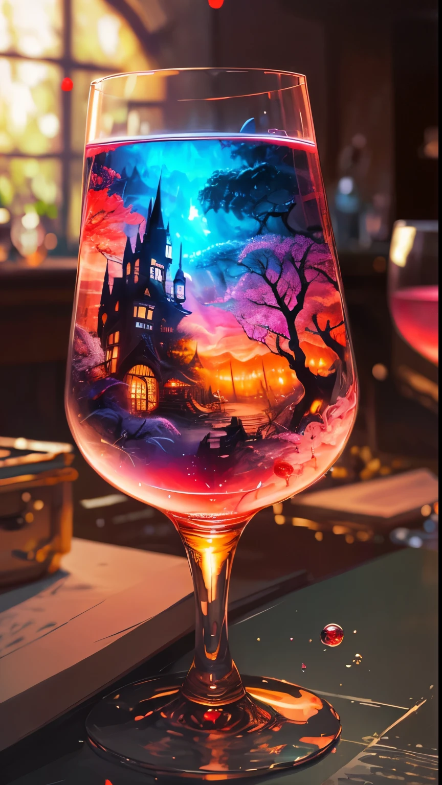 cocktailworld, colorful, no humans, scenery, secret castle treasure inside, forest, depth of field , ((blurry background)),
masterpiece, best quality, ultra detail, concept art, realistic, delicious, wine glass