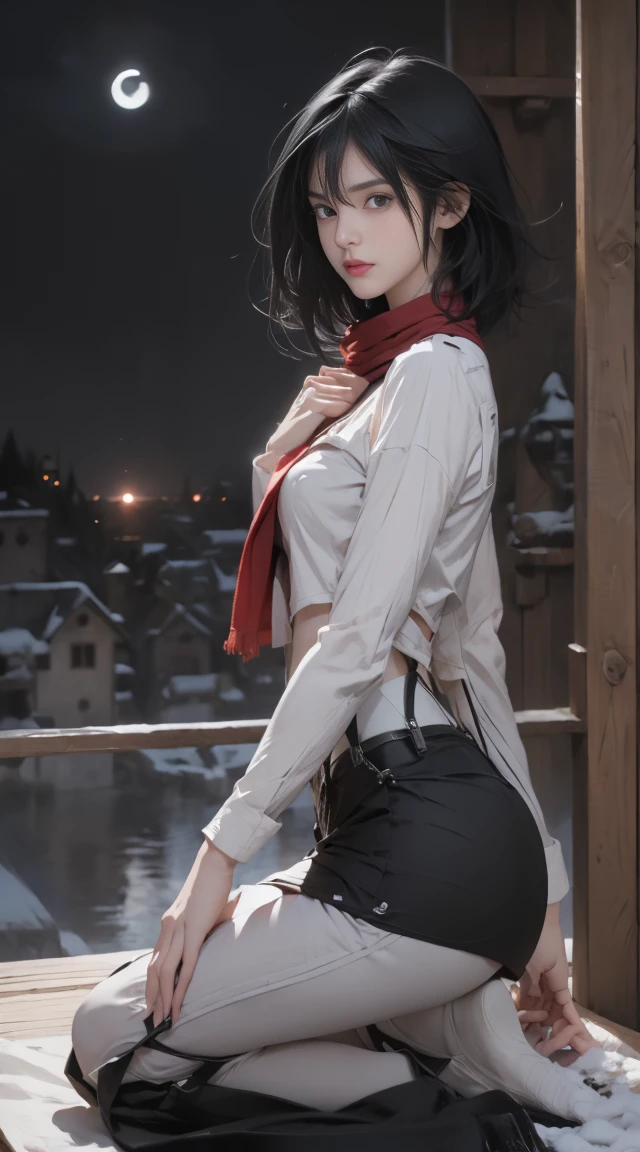 8K, Top Quality, Intricate Details, Ultra Detail, Ultra High Resolution, Masterpiece, ((close up shot)), shot from behind , looking away from viewer,, Slender, Smile, (Makeup: 0.4), (Fluffy Blue Eyes: 1.21), blue Eyes,, ((full body)), 1girl, solo, 1 girl, (( full body)), close-up shot, , , ((tall)), (((fit body))), (((slim face))), sharp face, sharp eyes, (((black hair, short hair, bangs)) ,(detailed face), sharp face, small lips, thin lips,
((,red scarf, thigh strap, mini skirt)), detailed face, detailed breast, , large breast, detail ass, round ass , Beautiful girl with accentuated slender abs: 1.4, Six Pack Abs: 1.4, Bust Botox, Big, Perfect Body, detail leg, (( moonlight)), in the snow