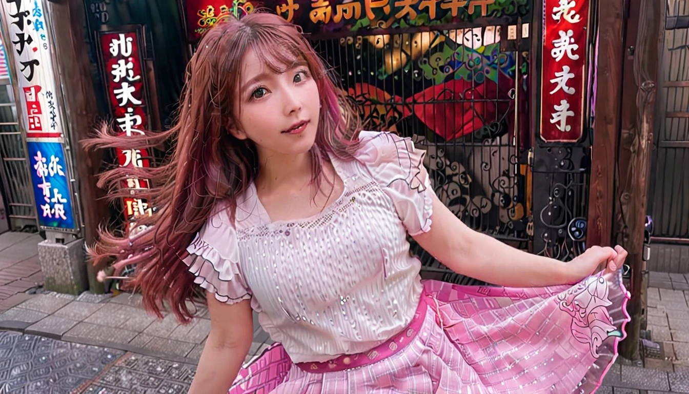 Tokyo, Kabukicho, Long hair fluttering in the wind, Pink Hair, HD, skirt,figure。