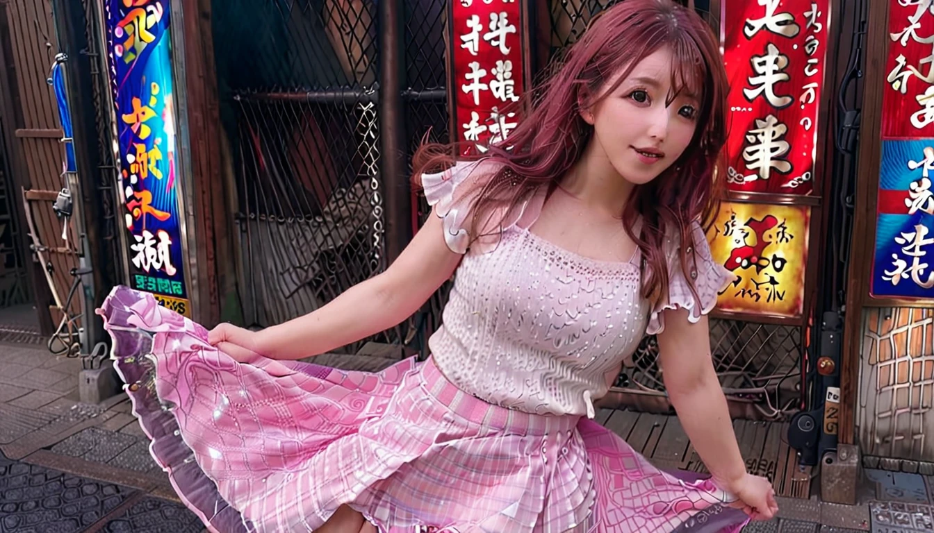 Tokyo, Kabukicho, Long hair fluttering in the wind, Pink Hair, HD, skirt，figure。