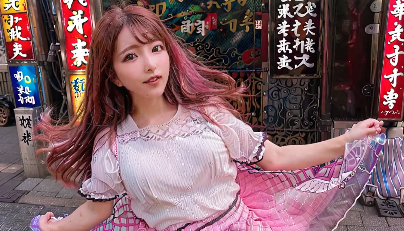 Tokyo, Kabukicho, Long hair fluttering in the wind, Pink Hair, HD, skirt,figure。