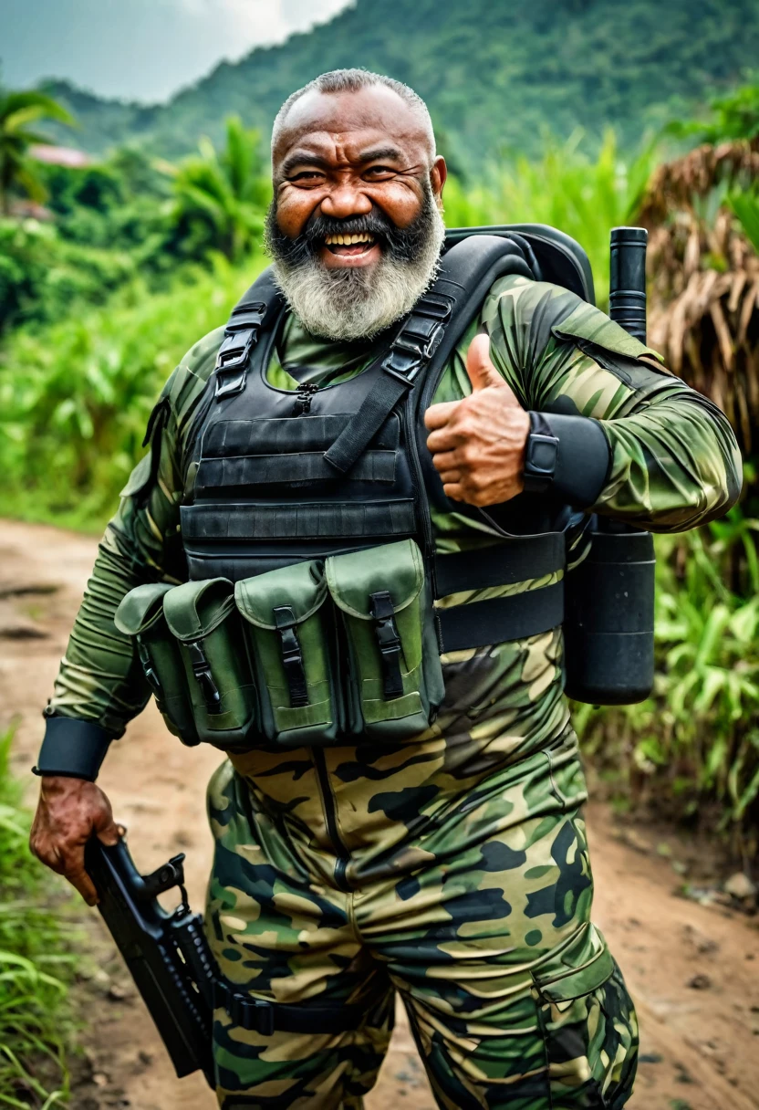 (a dark-skinned fat muscular bearded old man in a bulky army camouflage zipper diver suit) thumbs up, carrying a rifle on his back, muscular, Basuki Abdullah, sumatraism, action, a character portrait, heroic, fierce, snarling