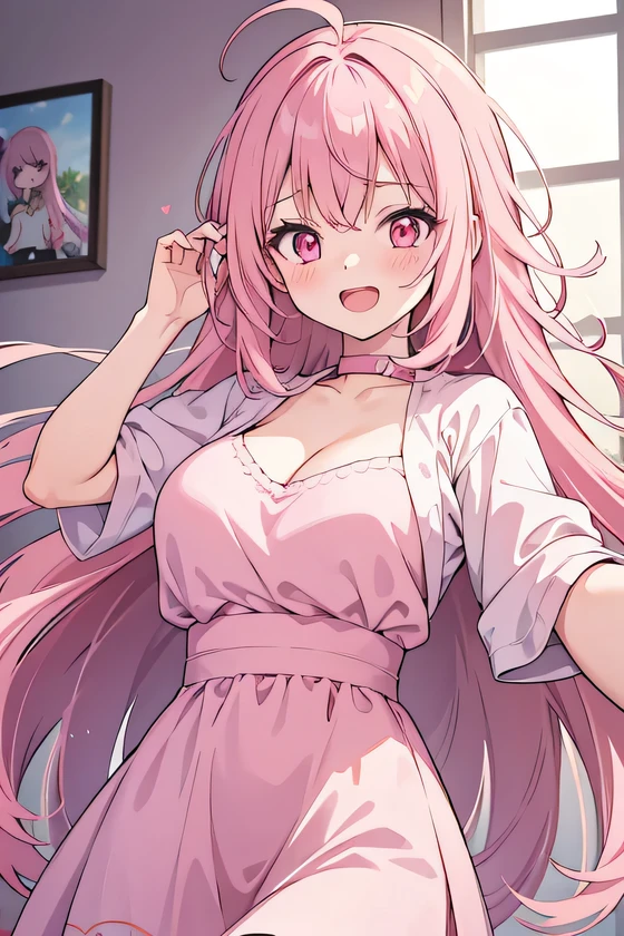 girl, cute anime girl, laughing, open mouth, beautiful hair style, pink hair, long hair, messy hair, big eyes, pink eyes, big tits, blushing, girl