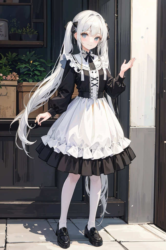 masterpiece, best quality, 1girl, solo, long_hair, looking_at_viewer, white hair twintails, grees eyes, smile, bangs, Farmer's costume, olden times, Europe, full body