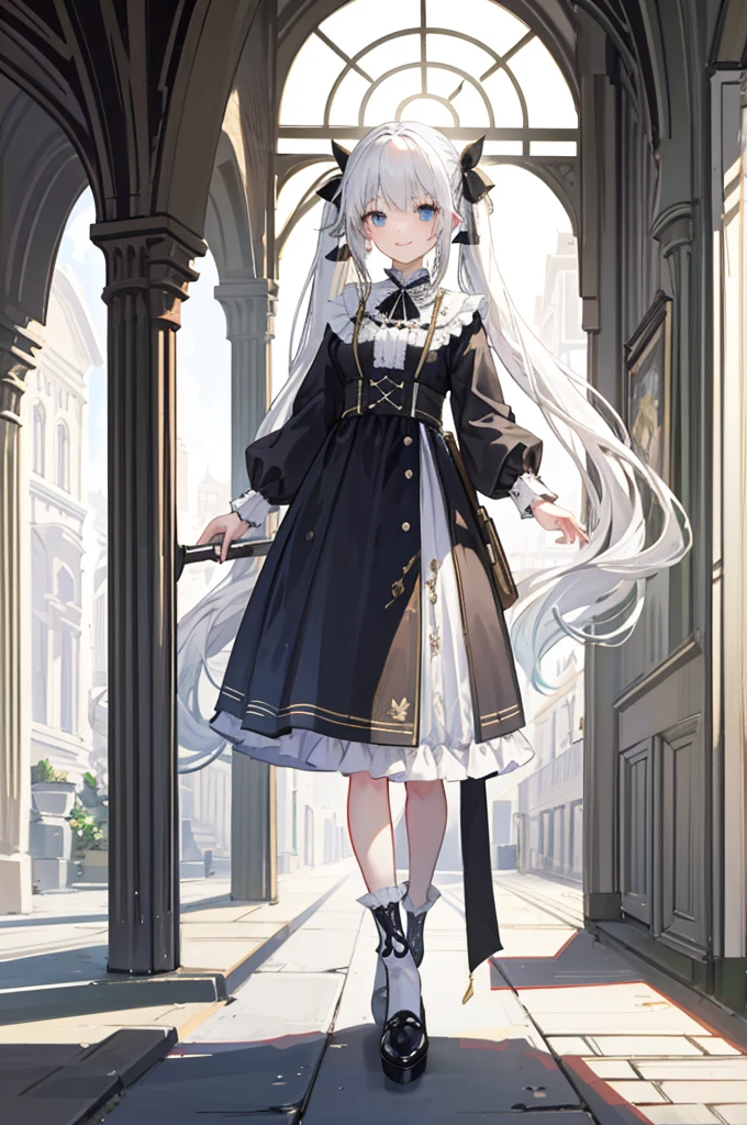 masterpiece, best quality, 1girl, solo, long_hair, looking_at_viewer, white hair twintails, grees eyes, smile, bangs, Farmer's costume, olden times, Europe, full body