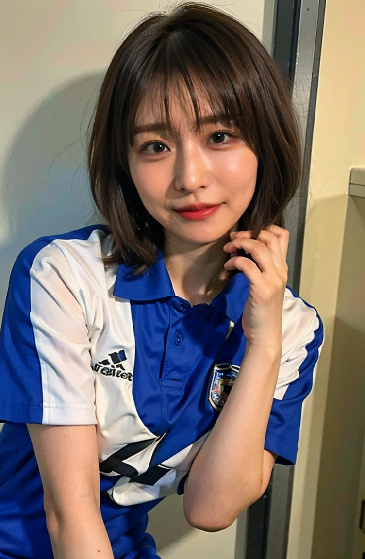 Holding an official size soccer ball、Photo at the soccer field、Blue Football Uniform、Japan National Football Team、Big breasts that can be seen even on top of the uniform、Braid only the front hair((On the pitch at the National Stadium!:1.4))、Full body photo、smile、 Caustics、Highly detailed photos、Very beautiful ideal short hair、Large Breasts、Super no makeup、(8K、RAW Photos、Highest quality、masterpiece:1.2)、(Realistic、Realistic)、1 Girl、((Medium Short Hair、Looking into the camera:1.4))、