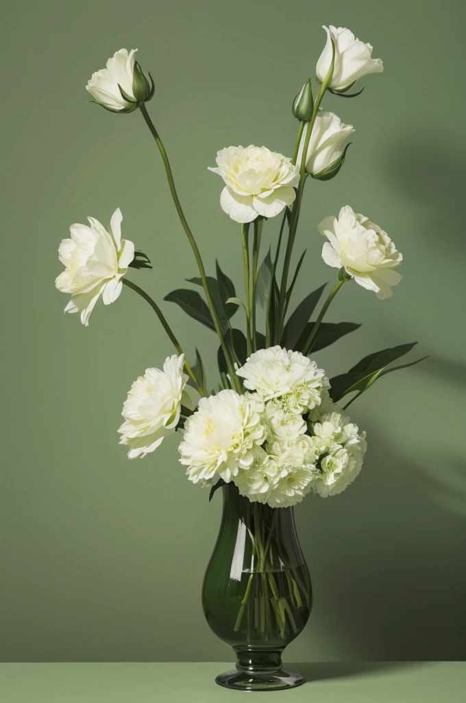 Vase of flowers with green background, inspired by:Anna Fuseli,Huge background canvas,There are folds.