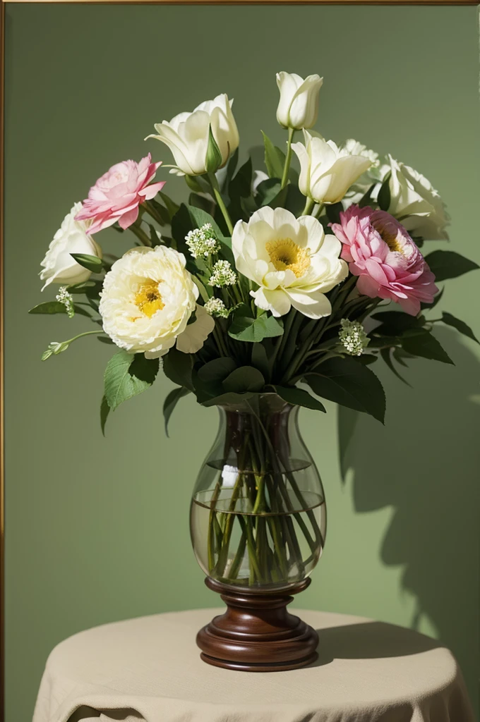 Vase of flowers with green background, inspired by:Anna Fuseli,Huge background canvas,There are folds.