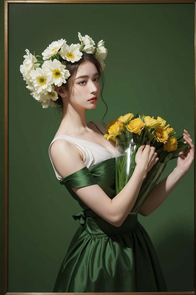 Vase of flowers with green background, inspired by：Anna Fuseli,Huge background canvas，There are folds.