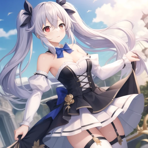 (masterpiece, Highest quality:1.2),figure,8K,High resolution,One girl,alone,Cowboy Shot,Medium chest,Twin tails,Neptune (series),black (Neptune series),Very long hair,skirt,white skirt,pleated skirt,Cleavage,bangs,Bare shoulders,black dress,blackい履物,black髪,blue bow,Knee socks,blue bowtie,blue ribbon,bow,bowtie,brooch,button,Detachable collar,hair ornaments,Removable sleeves,dress,Eyebrows visible through hair,Frills袖,Frills,Garter Straps,white dress,Gold border,Hair between the eyes,hair ribbon,Grabbing hair,jewelry,Colorful clothes,multicolored dress,Red eyes,ribbon,short dress,Strapless,Strapless dress,Thigh-high boots,Twin tails,zettai ryouiki,Blind,