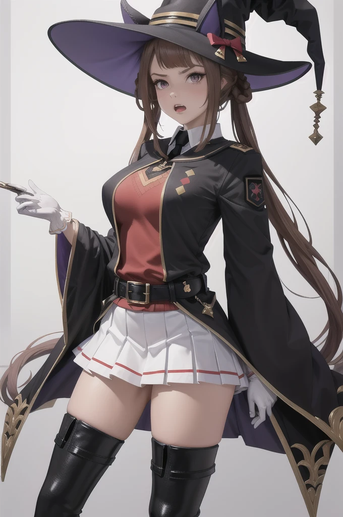 masterpiece, High detail, Fine hand,
stand, rage, Move,  Being spoiled , Witch&#39;s House, Portraiture,
Sweep Tosho \(umamusume\),(Very large breasts:1.3), Witch Hat, Black Hat, Black tie, collaRed Shirt, Red Shirt, White gloves, Wide sleeves, Black jacket, Black Robe, buckle, belt, White Skirt, Pleated skirt, Black knee socks, Thigh-high boots, Black footwear, High heel boots
, (nsfw:1.2), 