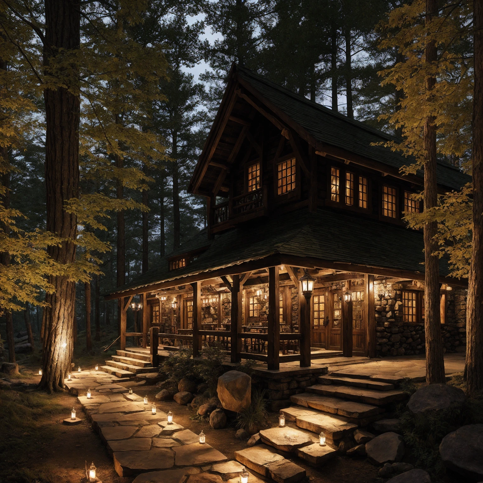 fantasy tavern in the woods, thick forest, warm lighting, stone path, large doors,