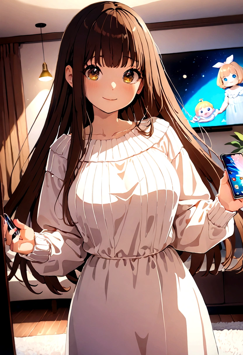 ((1girl)), super fine illustration, vibrant colors, absurdres extremely detailed CG, 8k wallpaper, (masterpiece:1.3), dynamic angle, dynamic pose,
best quality, depth of field, cinematic lighting, ultra detailed, brown long hair, very straight hair, large breast, white knit dress , 20yo, cute, very baby face, brown eyes, kawaii, smile, droopy eyes, arms at sides, smartphone, modern living room, peace sign, The screen of the smartphone in his hand is facing towards me