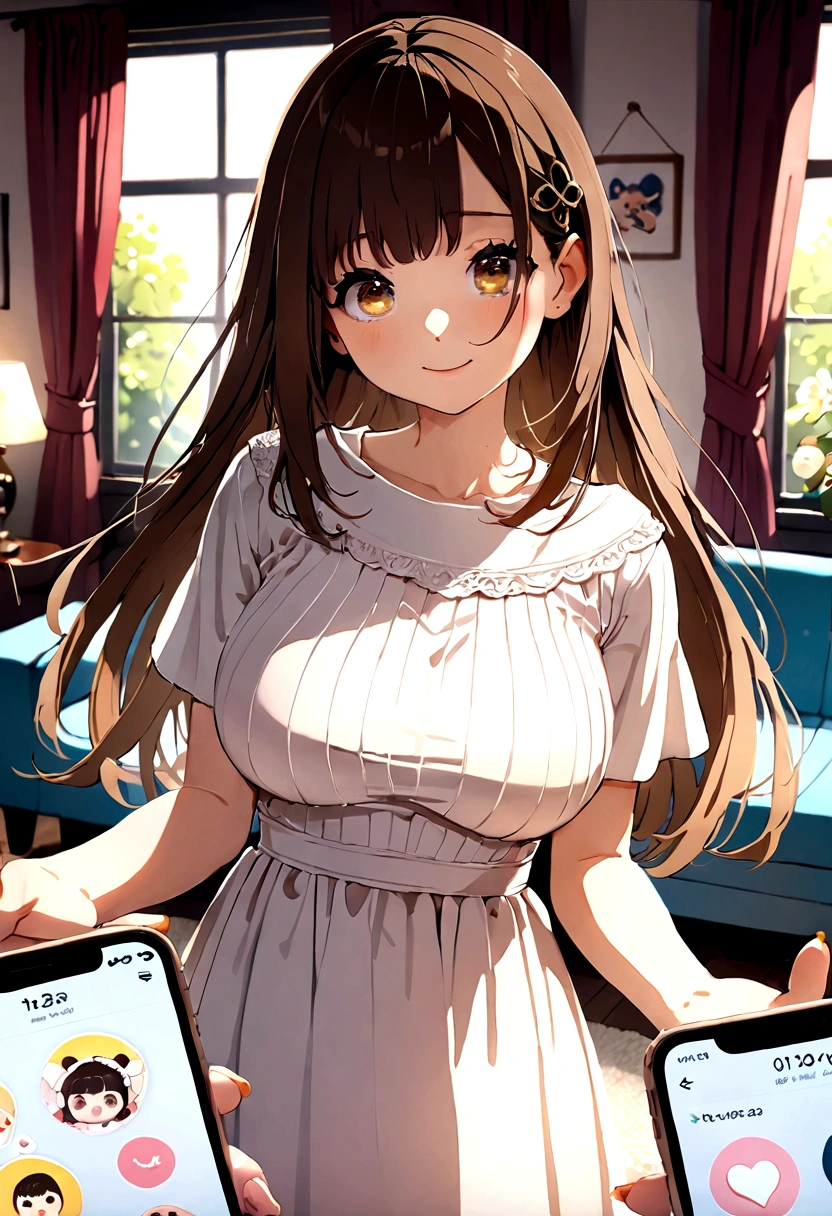 ((1girl)), super fine illustration, vibrant colors, absurdres extremely detailed CG, 8k wallpaper, (masterpiece:1.3), dynamic angle, dynamic pose,
best quality, depth of field, cinematic lighting, ultra detailed, brown long hair, very straight hair, large breast, white knit dress , 20yo, cute, very baby face, brown eyes, kawaii, smile, droopy eyes, arms at sides, smartphone, modern living room, peace sign, The screen of the smartphone in his hand is facing towards me
