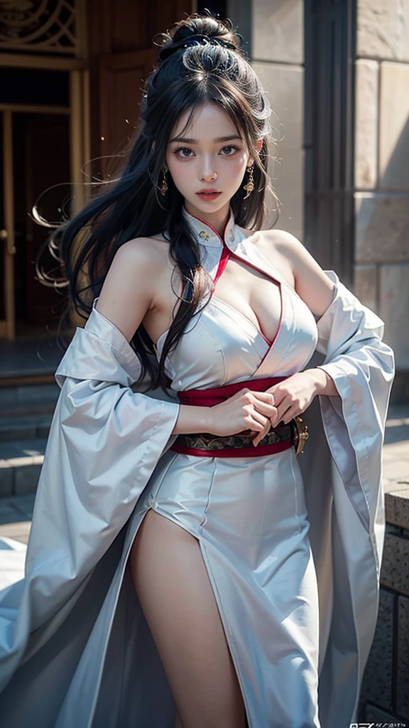 Close-up of a woman wearing a white dress and holding a sword, Portraits by Jan J., Trending on CGSociety, Fantasy art, Beautiful characters,artwork in the style of Gwaiz, Gwaiz, White Hanfu, Flowing white robes,White sexy dress、No sleeve、One leg is visible, sexy thighulticolored Hair, Blue Hair,,Super detailed face, Beautiful Eyes, double eyelid,7-Head Sexy Beauty、Full body martial arts, Magnificent and elaborate character art, Amazing character art, beautiful female assassin  、Wield a long sword