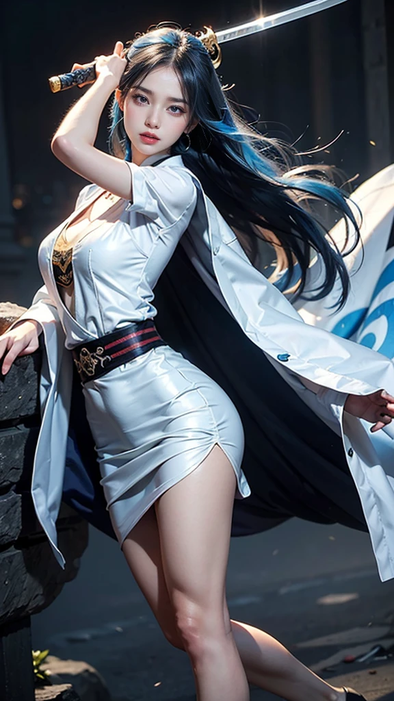 Close-up of a woman wearing a white dress and holding a sword, Portraits by Jan J., Trending on CGSociety, Fantasy art, Beautiful characters,artwork in the style of Gwaiz, Gwaiz, White Hanfu, Flowing white robes,White sexy dress、No sleeve、One leg is visible, sexy thighulticolored Hair, Blue Hair,,Super detailed face, Beautiful Eyes, double eyelid,7-Head Sexy Beauty、Full body martial arts, Magnificent and elaborate character art, Amazing character art, beautiful female assassin  、Wield a long sword