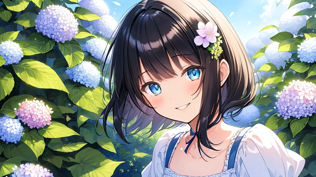 ((Masterpiece)), ((top quality)), very detailed, animated style illustration, Japanese style garden, 1girl, cute girl, solo, upper body, upper body focus, in the middle, white sundress, (beautiful eyes), beautiful black hair, short hair, flower hair ornament, blue eyes, slim, slender, (smile:1.2), (Hydrangea in background:1.2), A soft and gentle anime illustration with pastel colors, featuring a 14-year-old girl with short black hair adorned with a small flower hair ornament and blue eyes. The artwork should have a fluffy and delicate style, capturing the youth and innocence of the girl. The pastel color scheme adds to the gentle and serene atmosphere of the illustration, emphasizing the girl's youthful and innocent appearance.