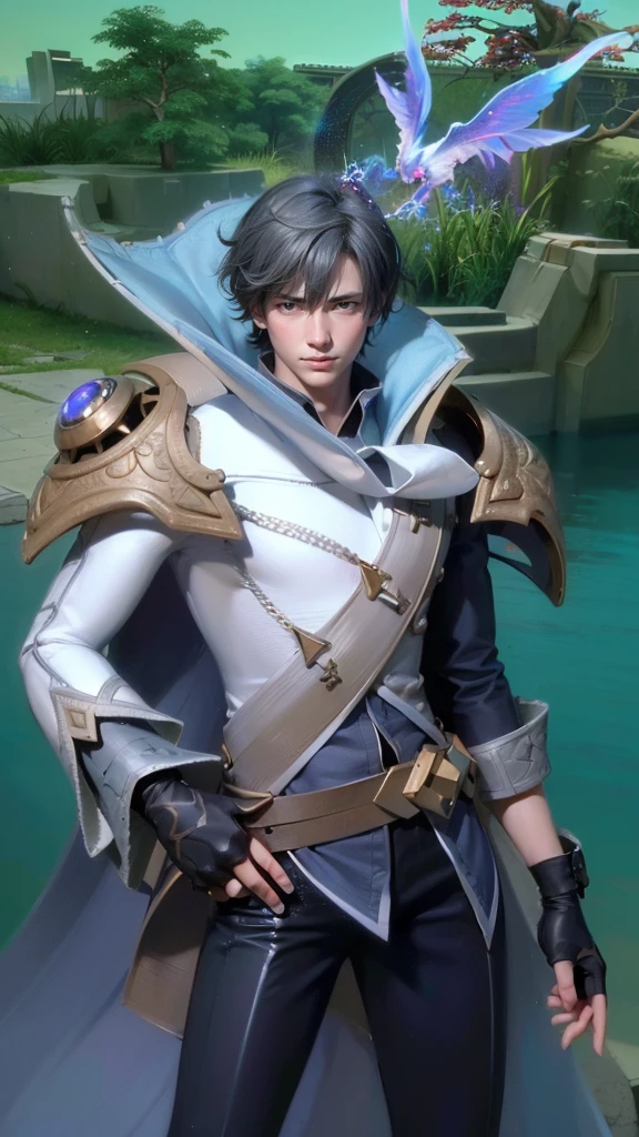 masculine male, masterpiece, ((perfect eyeest quality, (semirealism:1.9), beautiful lighting, (extremely detailed CG unity 4k fhd wallpaper), High Detail, Sharp focus, dramatic outdoors, 1 boy ,19 years old, white hair, light purpel eyes, smile.