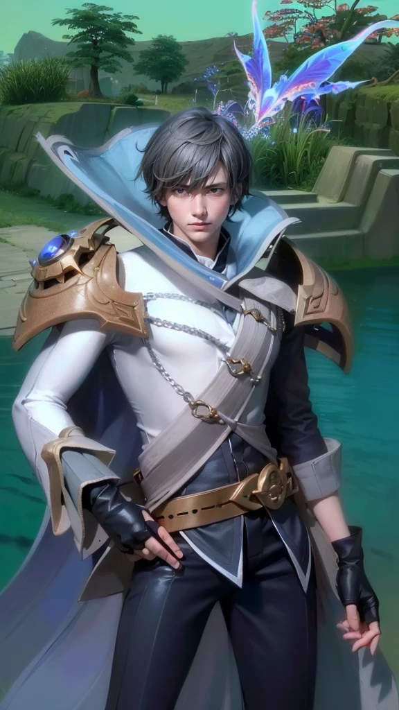 masculine male, masterpiece, ((perfect eyeest quality, (semirealism:1.9), beautiful lighting, (extremely detailed CG unity 4k fhd wallpaper), High Detail, Sharp focus, dramatic outdoors, 1 boy ,19 years old, white hair, light purpel eyes, smile.