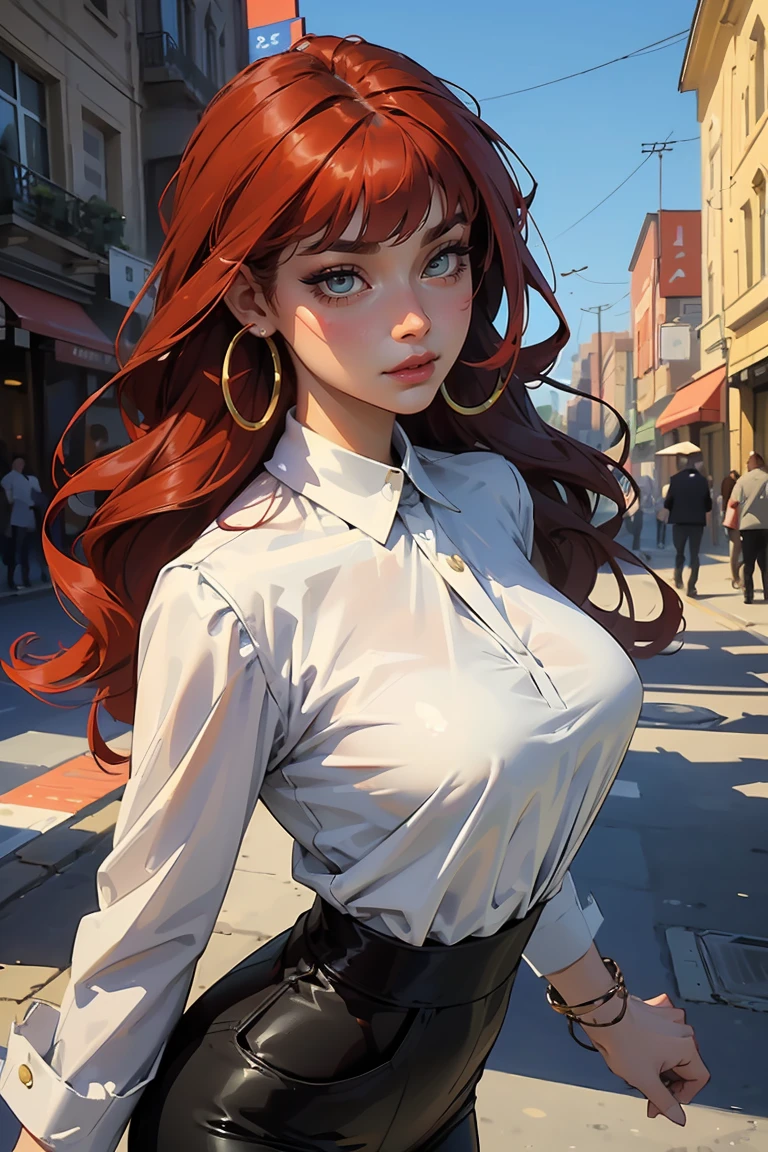 Goddess ((goddess-like woman)), slim, elegant silhouette, masterpiece, (close angle), best quality, cute face, (masterpiece:1,2, best quality), (real picture, intricate details), ( 1 lady, solo, medium tits, narrow waist, (long hair), a woman with long hair, red hair, long wavy red hair, Bangs, green eyes, she has an impressive presence., bracelet, hoop earrings, jewelry, beautiful face, beautiful eyes, she looks the Looking at viewer, she is wearing a blouse and black pants, high heel boots, sweet irresistible smile, elegant pose, elegant hands, beautiful hands, perfect fingers, background: she is standing in a big city, a busy city, a dance club, outside, blue sky,