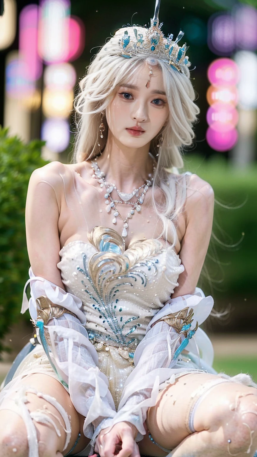 In the foreground, a Caucasian woman with a light tan, purple eyes, and honey-colored hair in a mane down to her chest, with a slight smile, walking and looking ahead with a gentle expression. She wears a silver headband on her head, a white dress with gold accents, and a silver corset at the waist, holding a white staff with a purple gemstone at the tip, adorned with flowers. In the background, there is a waterfall with vegetation and small colorful birds.