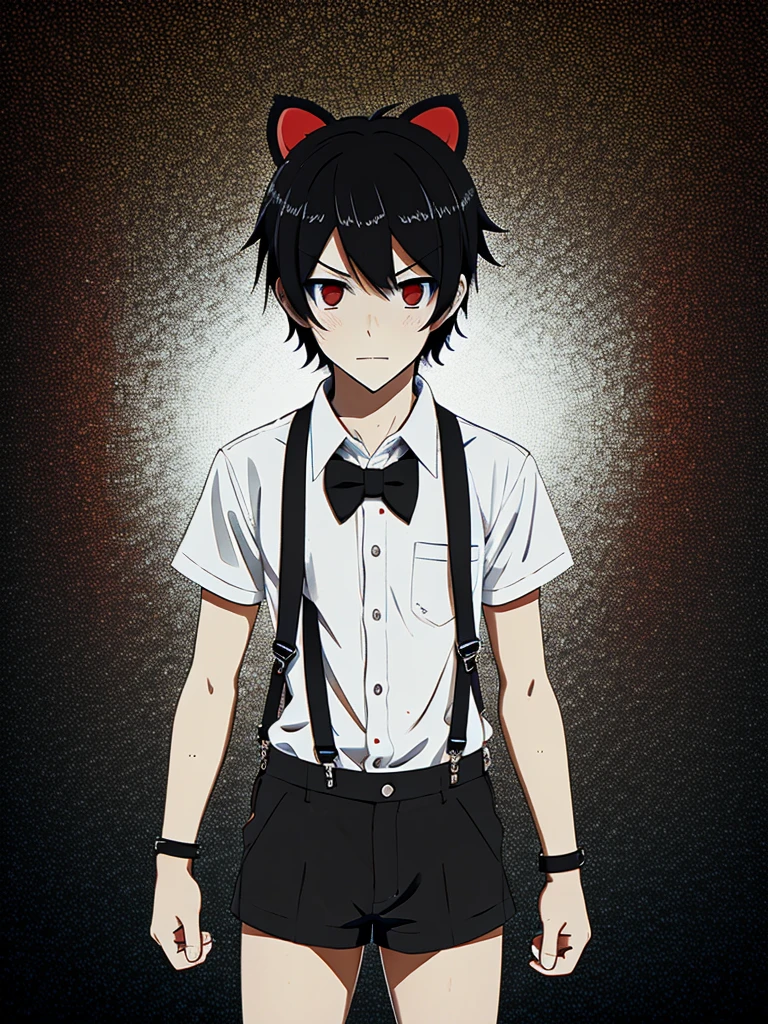 boy short messy black hair and red eyes,leopard ears and tail,white shirt with suspenders and short black shorts with long tie,anime styling