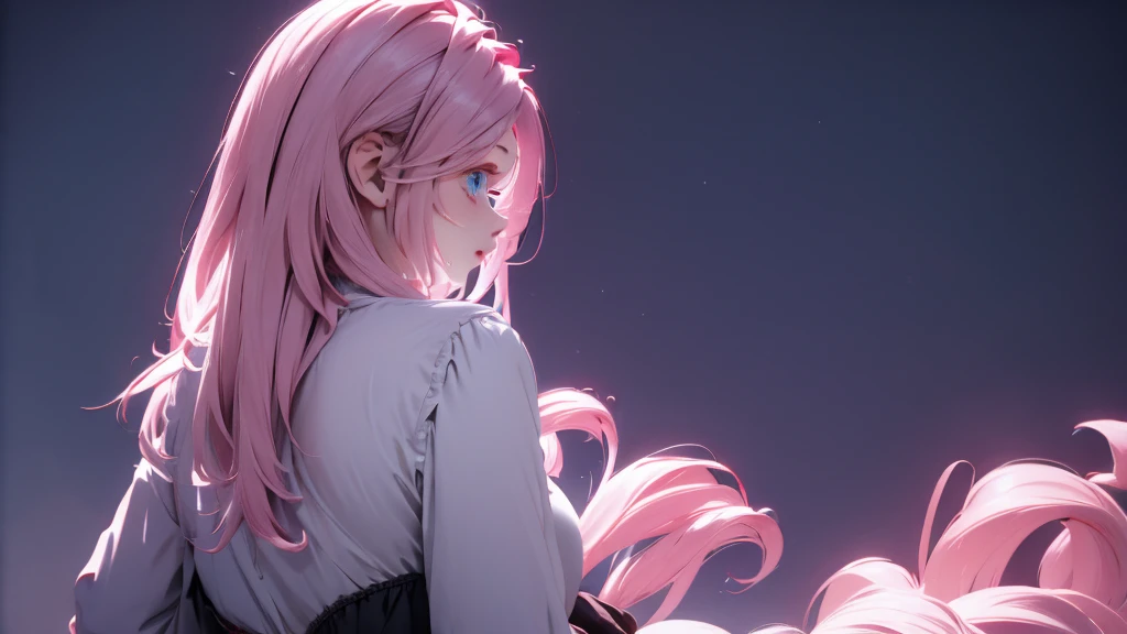 1 Girl , Girl medium light Pink hair, light blue eyes, wearing black suit 4D, night town , 18+ , high res, ultrasharp, 8K, masterpiece, looking from behind