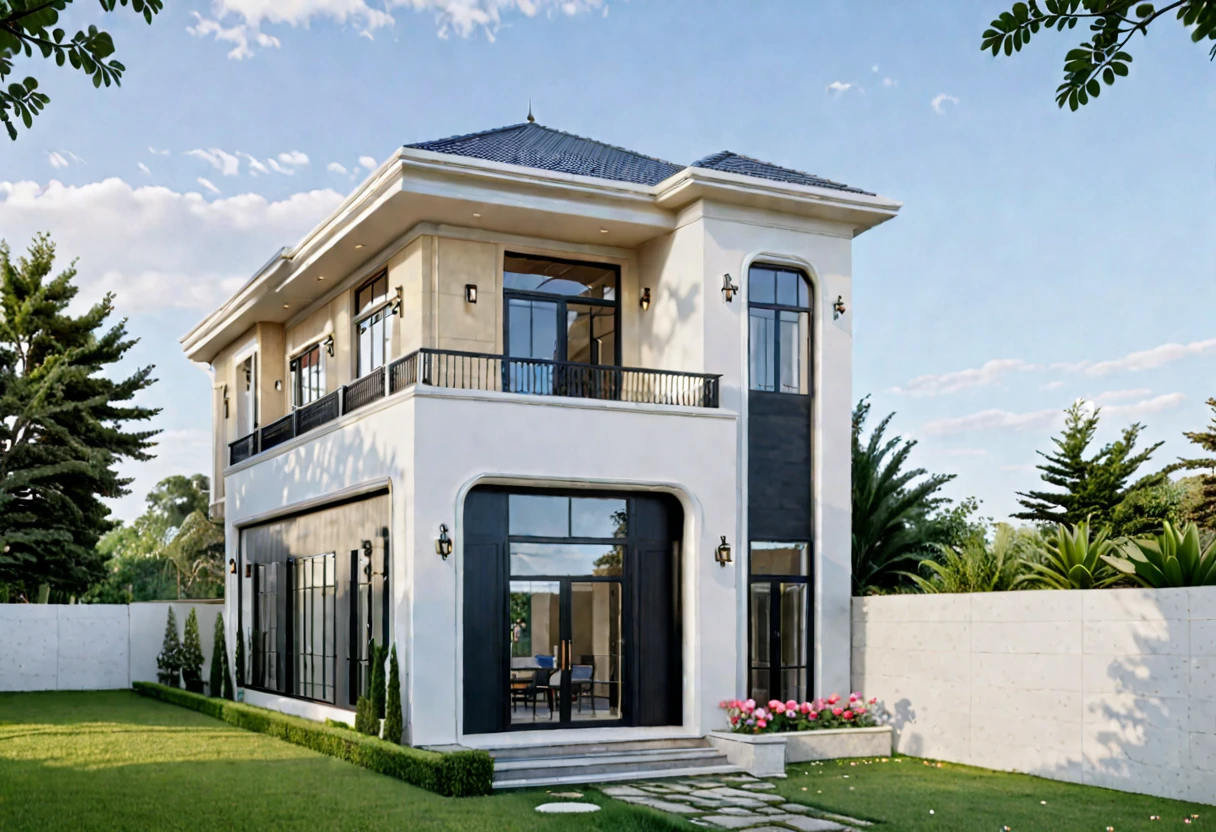 (masterpiece),(high quality), best quality, real,(realistic), super detailed, (full detail),(4k),8k,modern house exterior design,Modern architecture,Sandstone,whitewall,Beautiful_sky,Day light, no_humans, outdoors,sky,tree,Garden flower front of building,